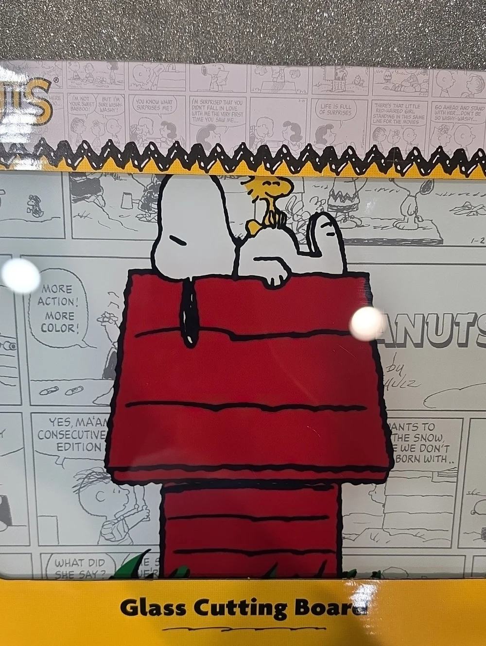 Peanuts Snoopy & Woodstock Doghouse Comic Strip Glass Cutting Board